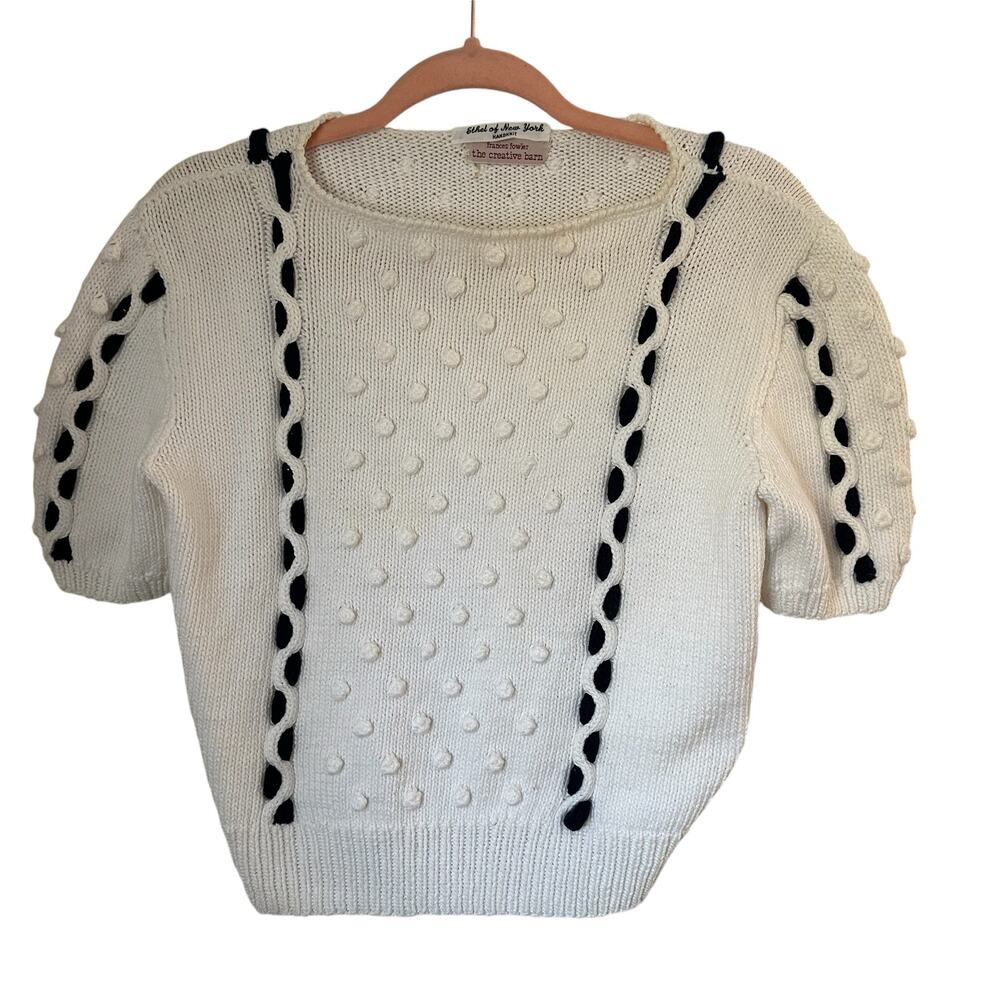Vintage Hand Knit French Girl Preppy Coastal Short Sleeve Sweater With Pom Poms - Picture 9 of 12